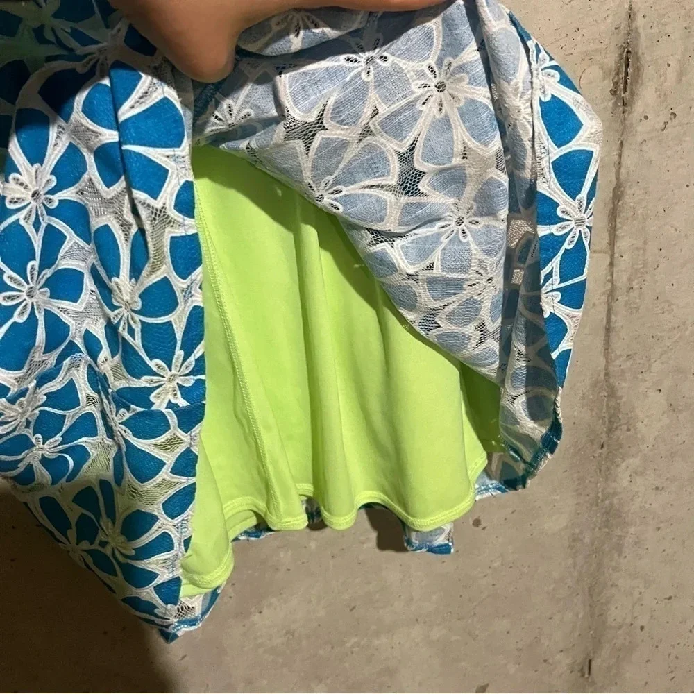 Justice Girls Dress Size 12 Lace Blue Lined Neon Green Floral Summer Party